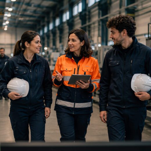 Persone che camminano in azienda assieme alla formatrice.