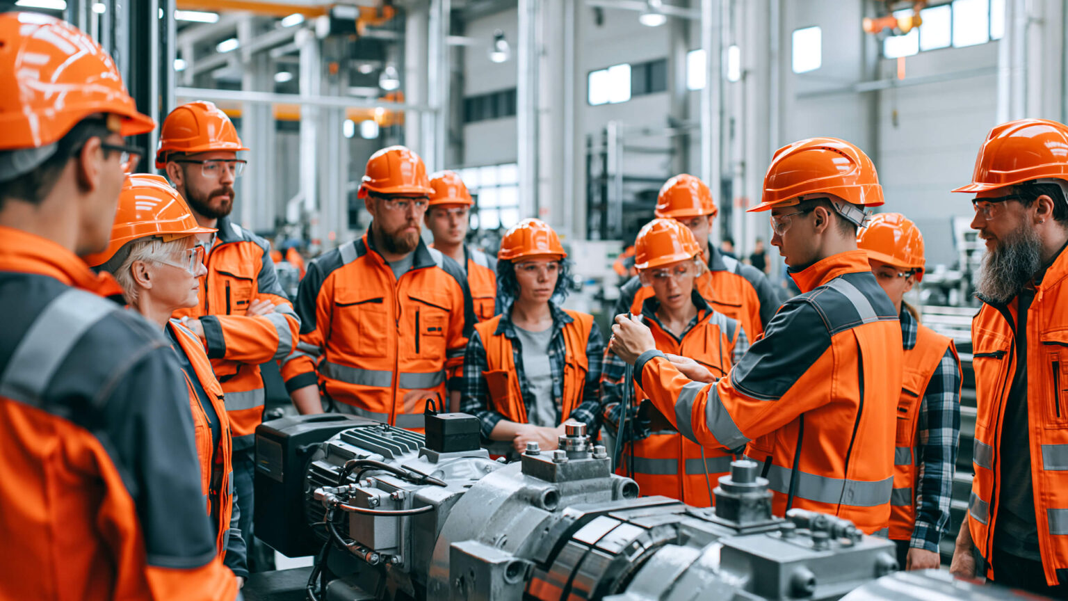 Formazione in azienda sul campo, il formatore sta facendo vedere i rischi legati all'utilizzo di una macchina specifica.