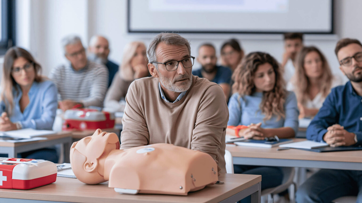Immagine di una persona che partecipa ad un corso di formazione con un manichino per allenare le tecniche di primo soccorso posizionato sul tavolo davanti a sé.