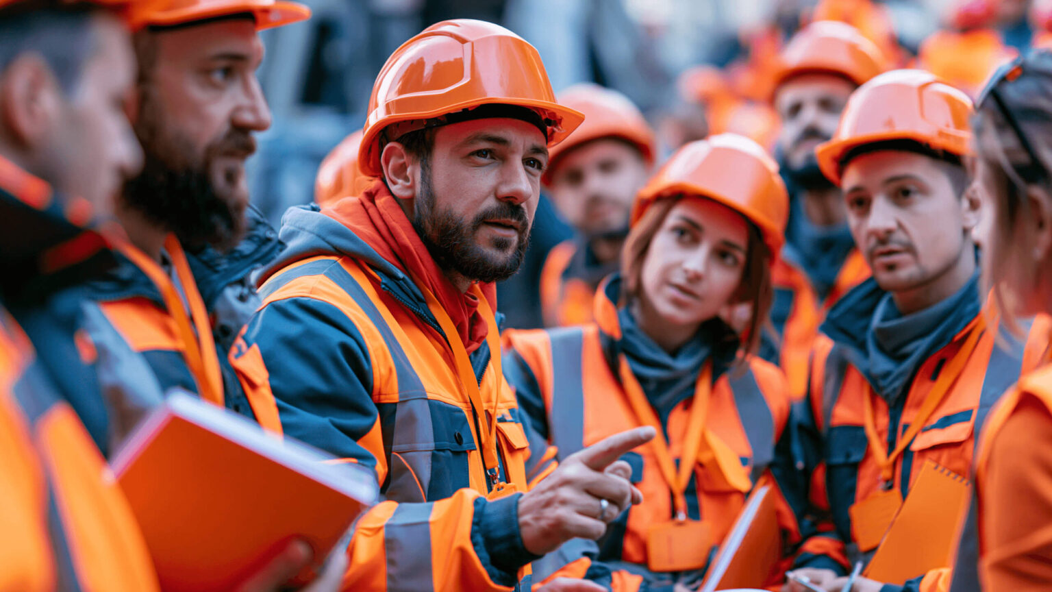 Formatore che sta dando le indicazioni di sicurezza as un gruppo di persone.