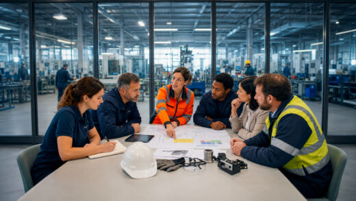 Immagine all'interno di un reparto produttivo. Ci sono delle persone che provengono evidentemente da settori di occupazione diversi sedute attorno a un tavolo. Stanno ascoltano la formatrice che spiega le norme di sicurezza.