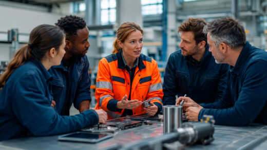 Immagine all'interno di un reparto produttivo. Ci sono delle persone in piedi attorno a un tavolo. Stanno ascoltano la formatrice che spiega le norme di sicurezza in azienda mentre indica il problema reale. Formazione sul campo.