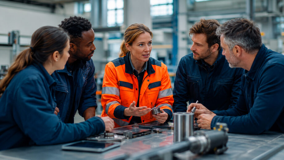 Immagine all'interno di un reparto produttivo. Ci sono delle persone in piedi attorno a un tavolo. Stanno ascoltano la formatrice che spiega le norme di sicurezza in azienda mentre indica il problema reale. Formazione sul campo.